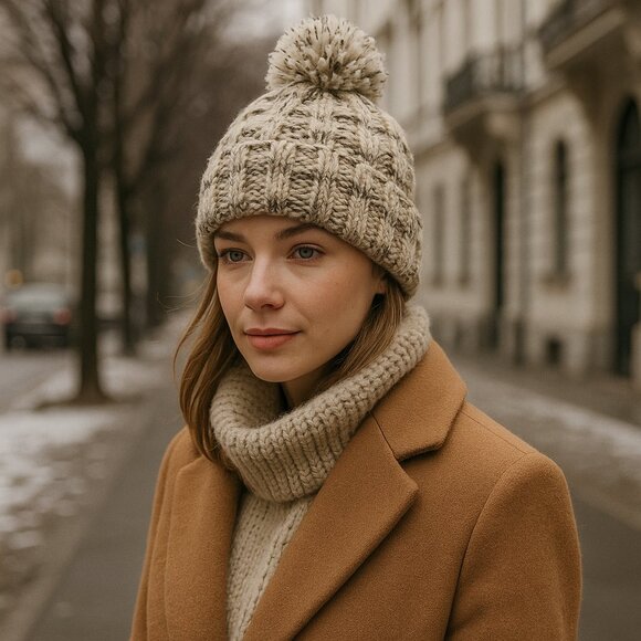 ✨ Eddie Bauer Y2K Basket-Weave Pom Beanie — Oatmeal & Charcoal Marled (RN 47648) - Picture 3 of 11